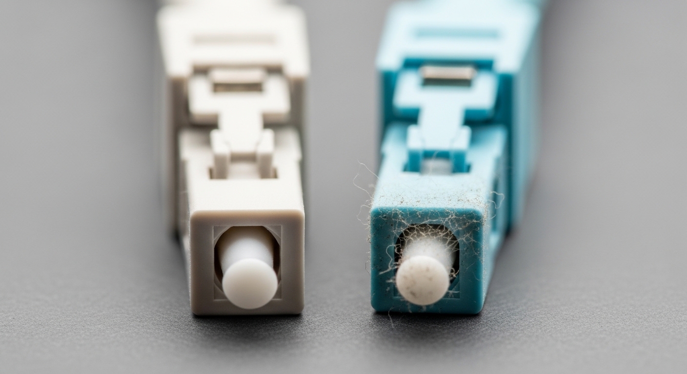 Macro photography of two LC fiber connectors with a visibly clean ferrule on the left and a slightly dusty ferrule on the rig