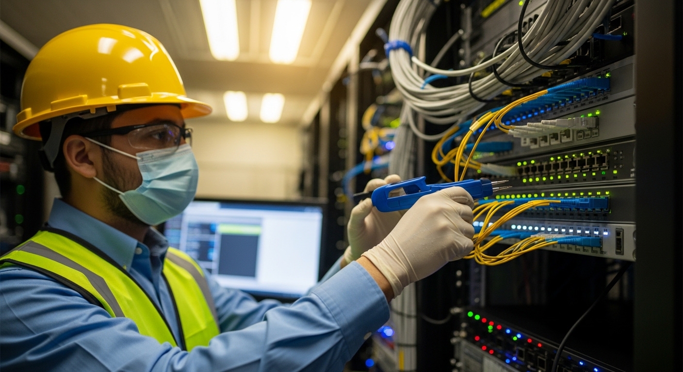 Photorealistic lifestyle scene of a field engineer in a server room using a handheld optical power meter and laptop, visible 