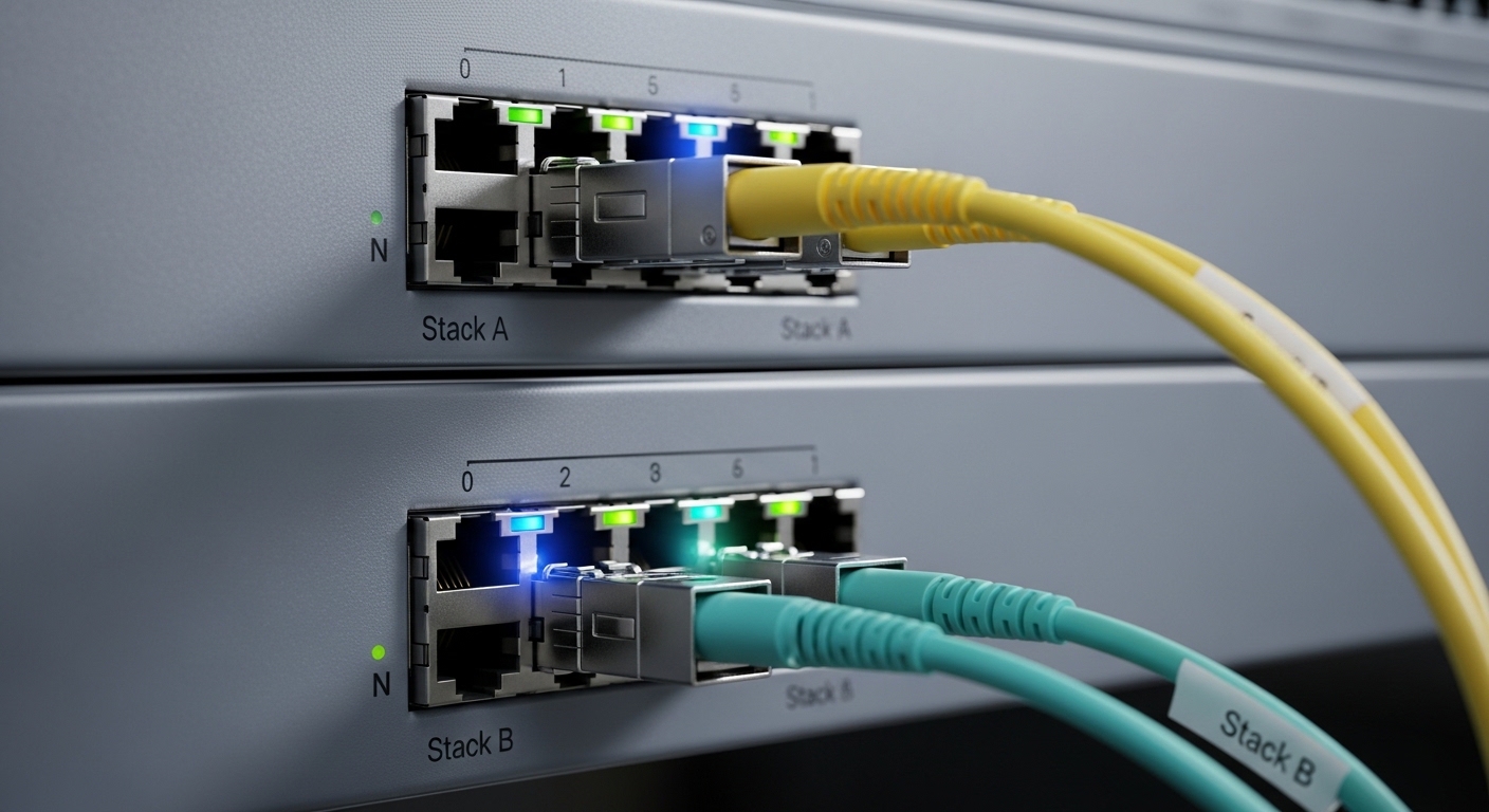 Close-up photography of two stacked-switch chassis interconnect ports with an SFP module seated, showing fiber patch cords la