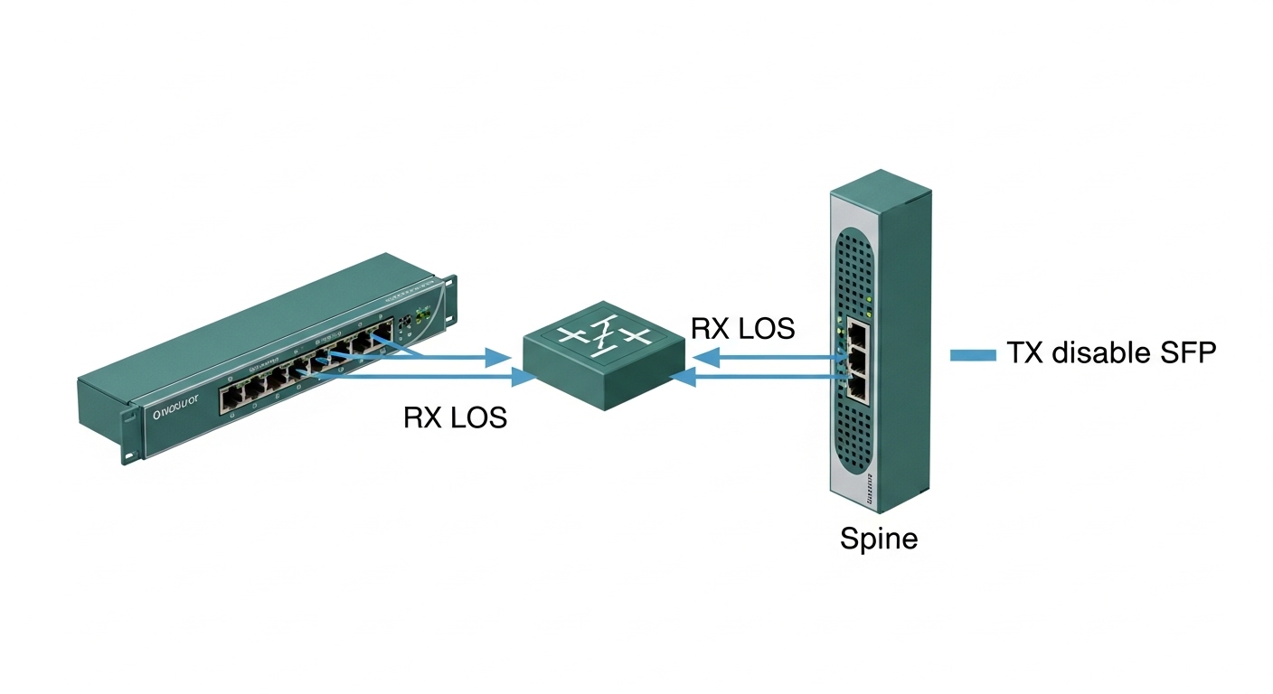 Illustrated network diagram in clean vector style showing a leaf-spine topology with arrows labeled RX LOS and TX disable SFP