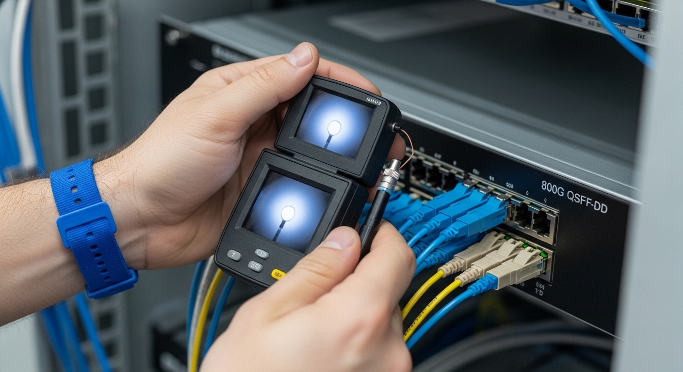 A close-up photography scene inside a data center rack: a technician wearing an anti-static wrist strap holds a fiber endface