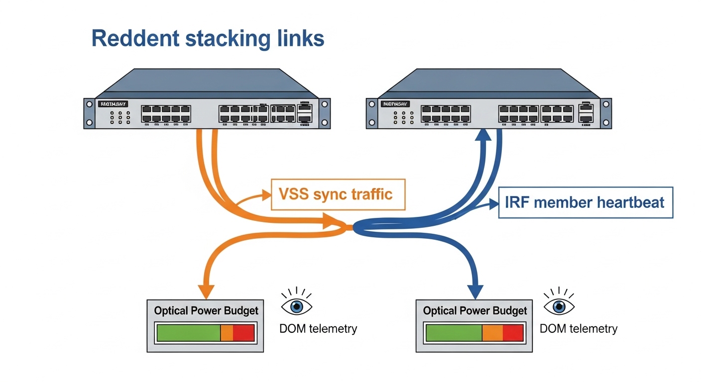 Vector illustration diagram showing two switch chassis connected by redundant stacking links, with arrows labeled “VSS sync t