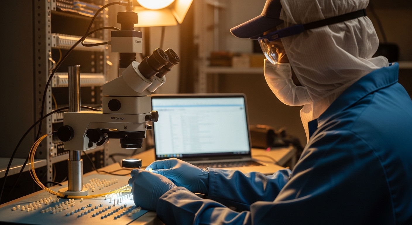 Photorealistic lifestyle scene of a fiber tech wearing PPE cleaning LC ferrules at a rack, with a fiber inspection microscope