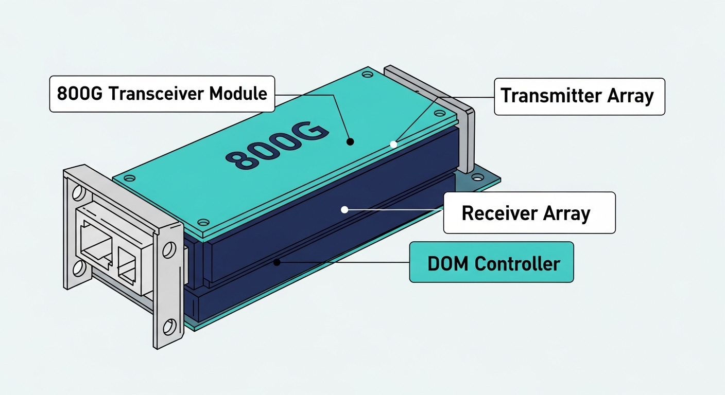 Clean vector illustration concept art showing an 800G transceiver module with labeled blocks for transmitter array, receiver 