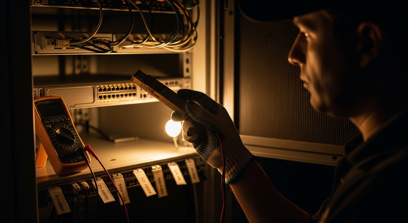 Lifestyle scene in a server room during off-hours, showing an engineer holding a transceiver in a gloved hand above an open r