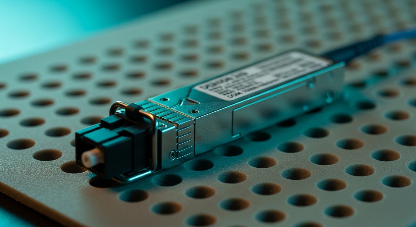 Macro photography of an SFP28 transceiver module with a fiber connector inserted, on an anti-static mat, teal lab lighting, s