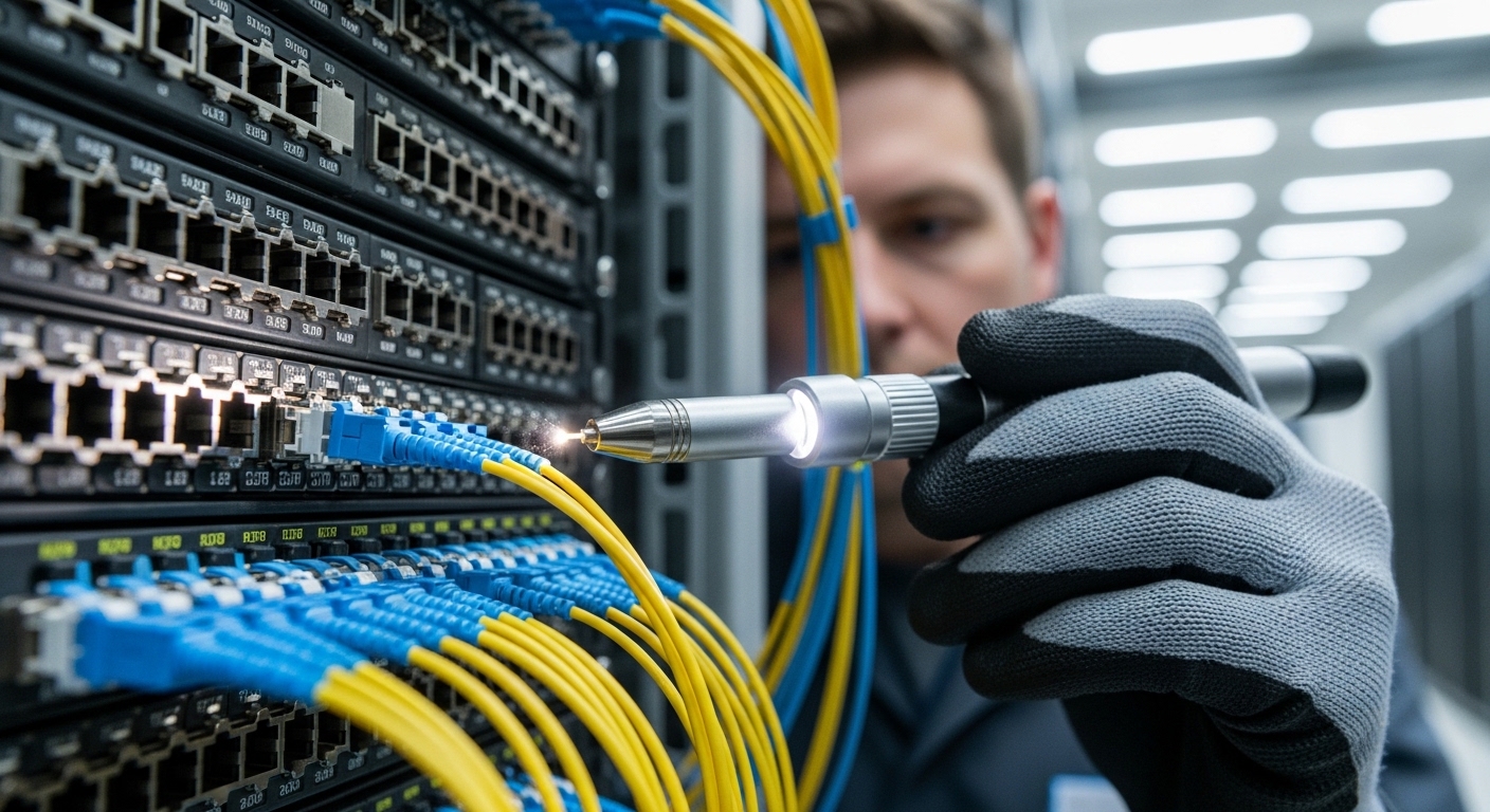 A photorealistic close-up of a 48-port patch panel in a modern data center, with a technician wearing ESD-safe gloves inspect