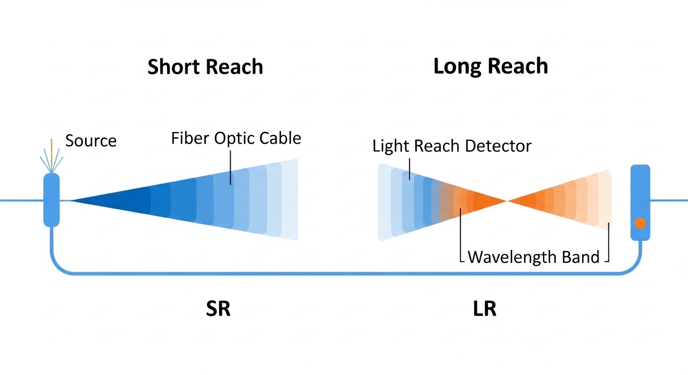 Clean vector illustration comparing SR vs LR fiber paths, showing light cones and wavelength bands, minimal flat design, whit