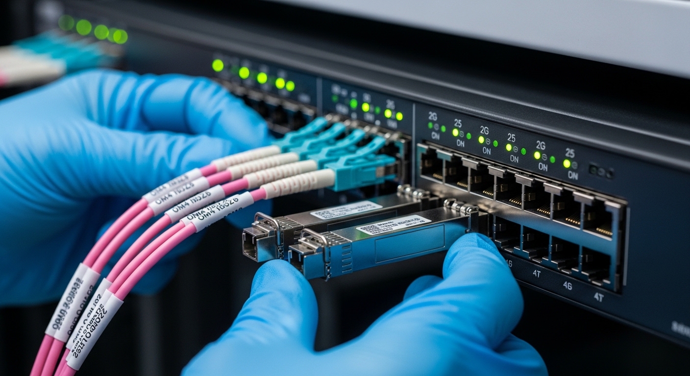 Close-up photography of two SFP28 transceivers being installed into a 25G switch port inside a rack, technician hands visible