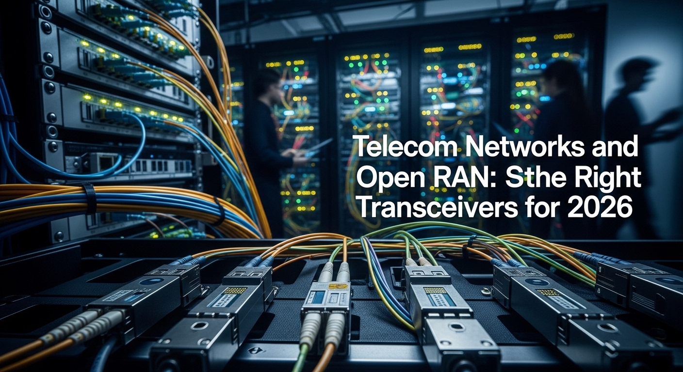 Cinematic editorial photograph of Open RAN optics, Telecom Networks and Open RAN: Selecting the Right Transceivers for 2026, 