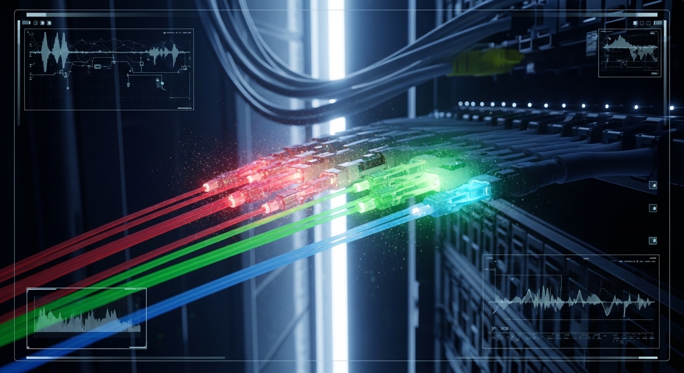 Concept art style scene inside a server rack, showing translucent light beams traveling through fiber connectors with color-c