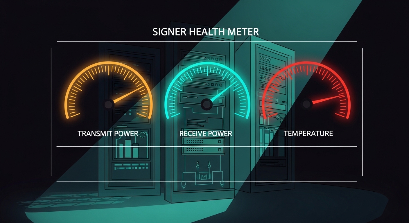 Illustration style concept art showing a fiber network “signal health meter” overlaying a rack diagram, with colored gauges f