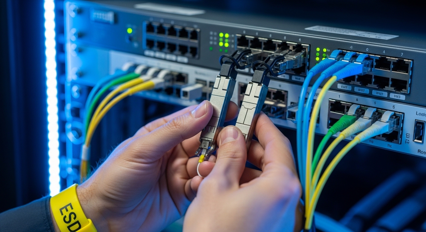 Close-up photo of a rack-mounted top-of-rack switch with two transceivers pulled halfway out, fiber patch cords labeled by co