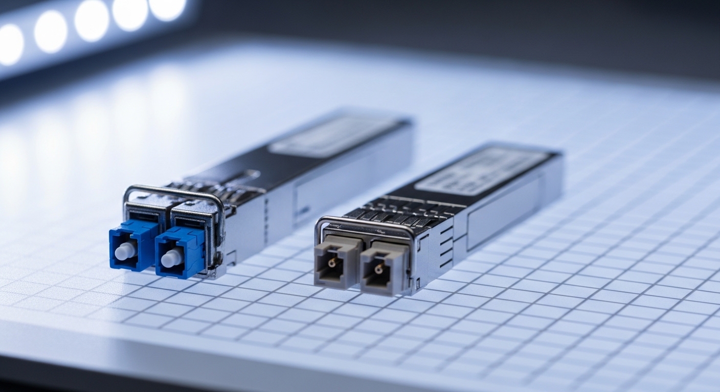 A macro photography scene of two fiber optic transceiver modules on a workbench under cool white LED lighting, one labeled QS