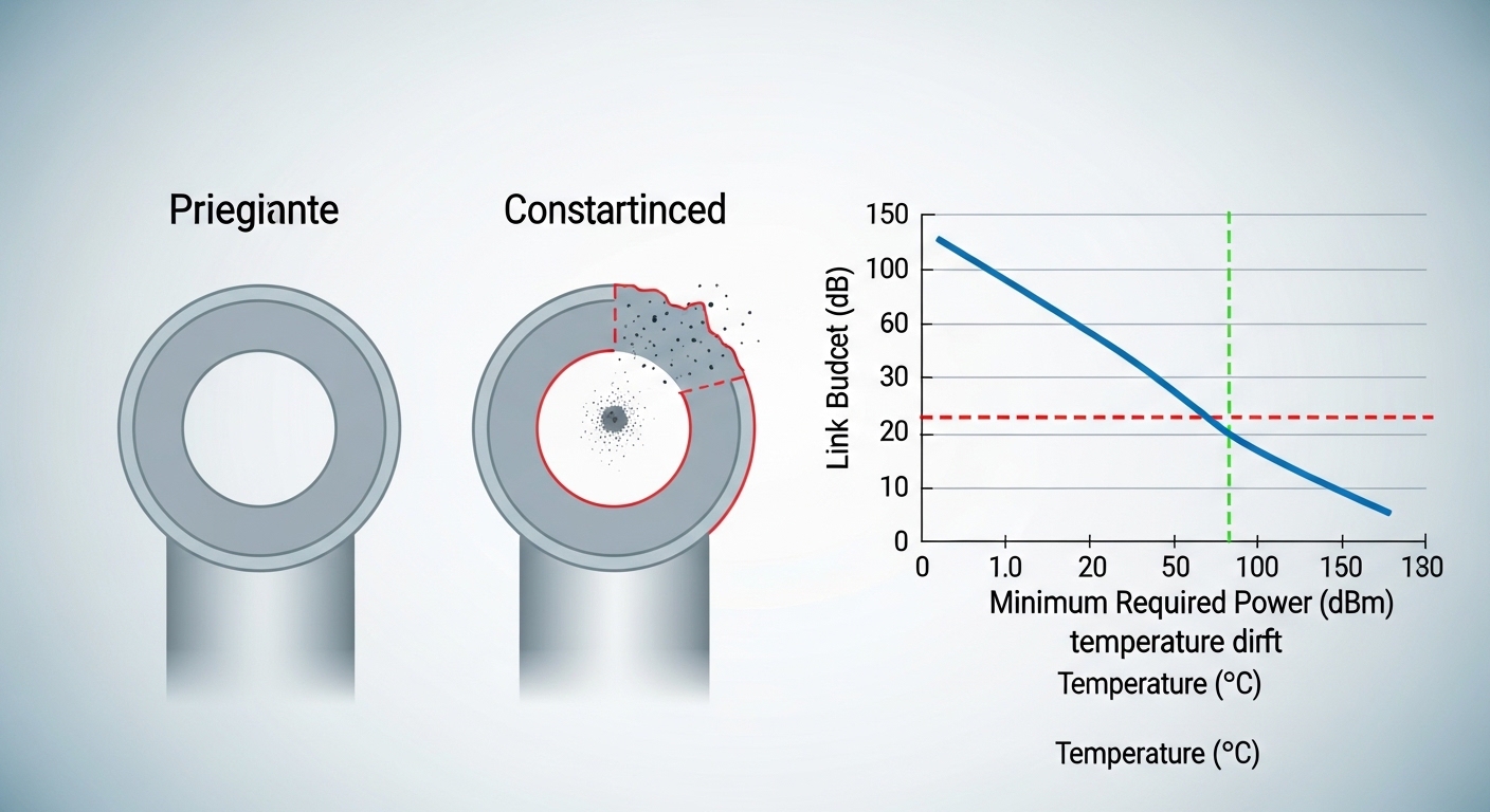 Clean-room style illustration showing fiber endfaces, a dust particle contaminant diagram, and a simplified optical link budg