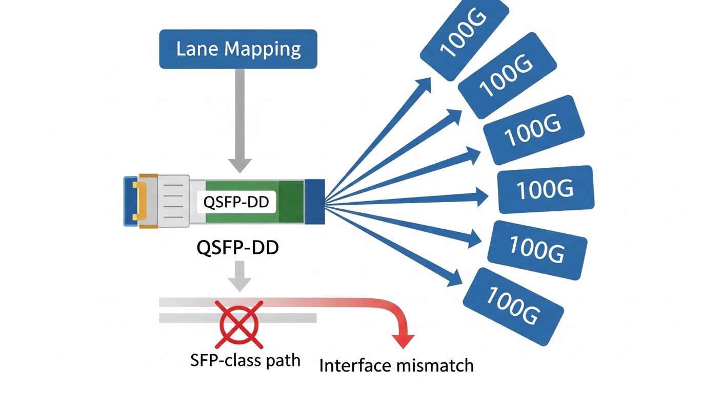 Conceptual vector illustration showing an 800G port diagram with lane mapping blocks, arrows from QSFP-DD module to eight 100