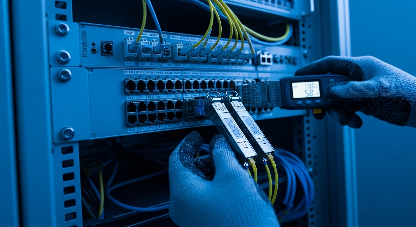 Photorealistic wide-angle photo of a rugged edge computing rack in an outdoor telecom hut, showing fiber patch panel with lab