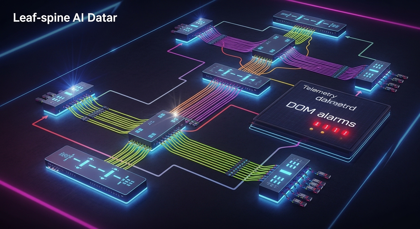 Concept art style diagram of a leaf-spine AI data center with colored optical links, transceiver icons, and a telemetry dashb
