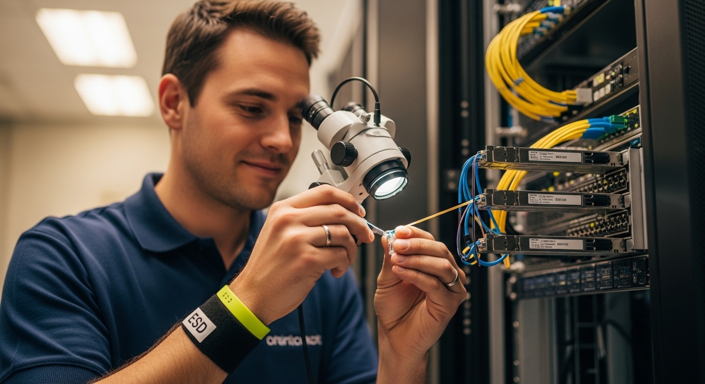 Photorealistic lifestyle scene in a server room: an engineer wearing ESD wrist strap gently cleaning MPO/MTP connectors with 