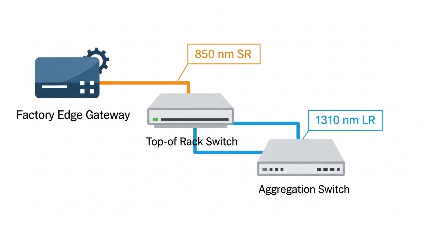 Clean vector illustration of an edge network topology diagram, showing a factory edge gateway connected to a top-of-rack swit