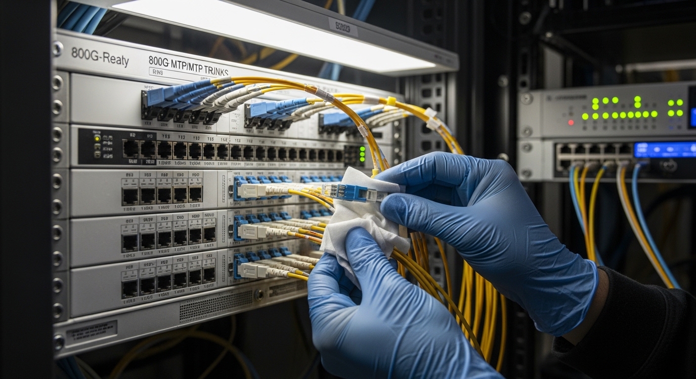 Close-up photography of a fiber optic patch panel in a small data center, showing multiple MPO/MTP trunks labeled, a technici