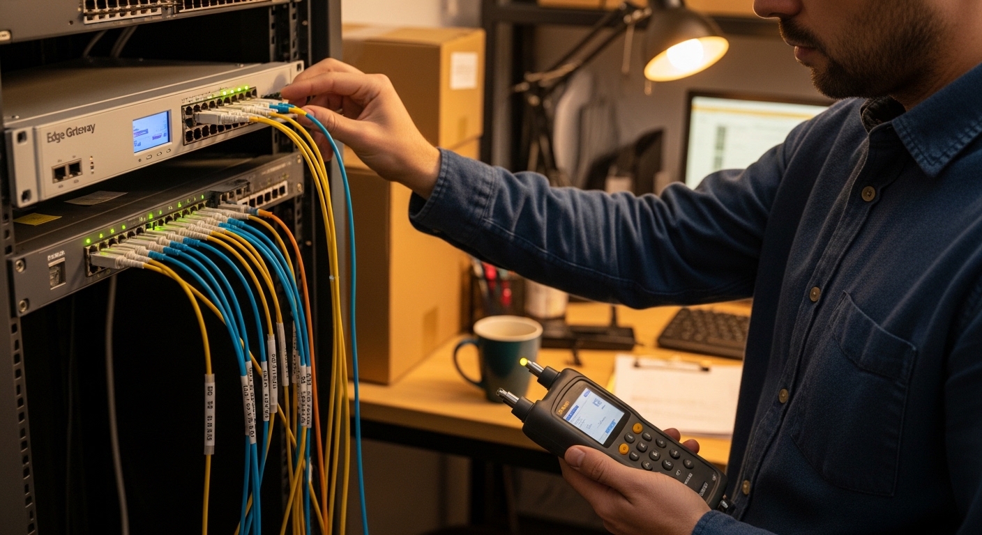 Lifestyle scene photo of a small shop back office with an edge gateway on a wall-mounted rack, visible fiber patch cords and 