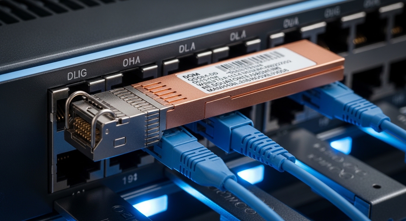 Close-up product photography of a 400G QSFP-DD optical transceiver inserted into a switch port on a top-of-rack, showing DOM 