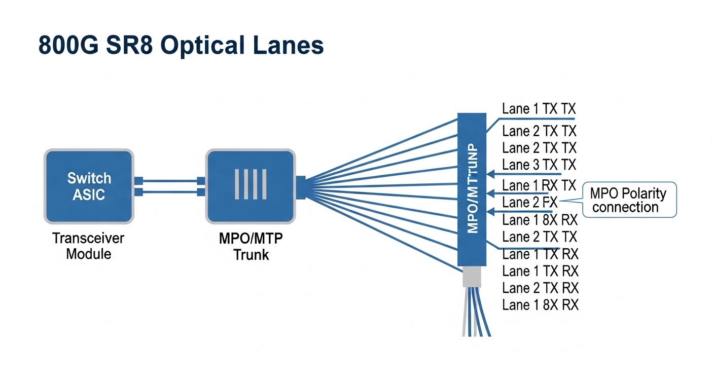 Vector illustration with annotated lanes showing an 800G SR8 optical link over an MPO/MTP trunk, with labeled blocks for swit
