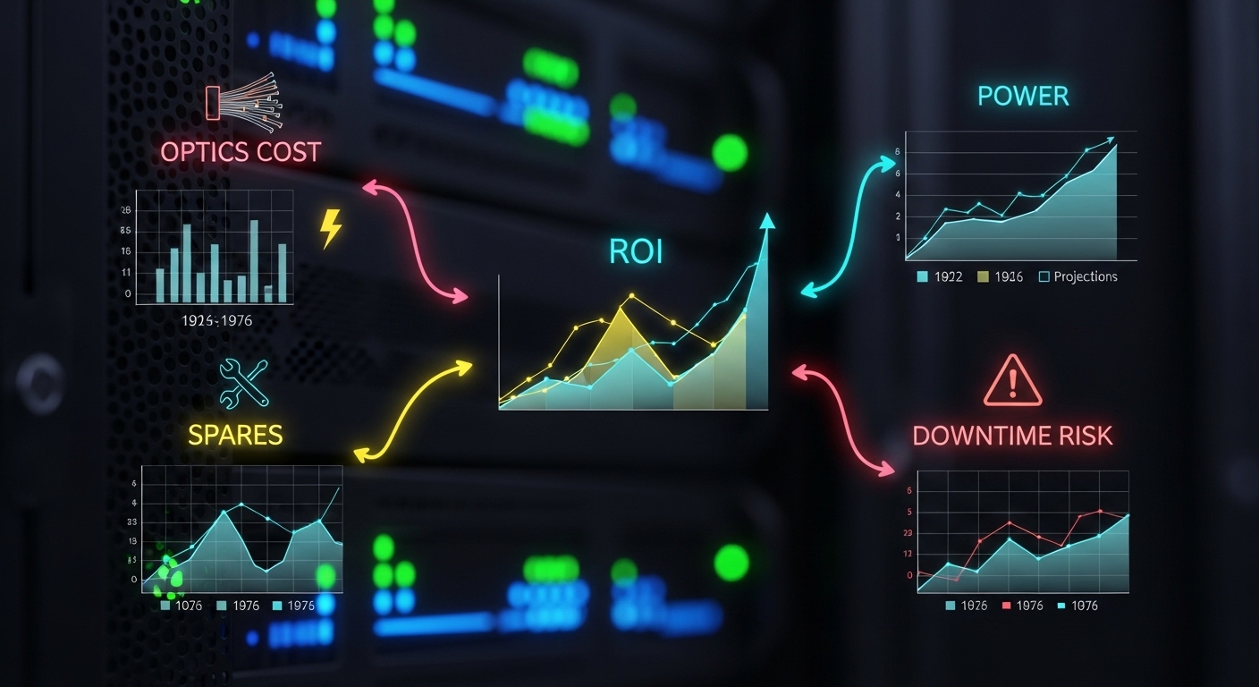 Illustrative financial dashboard overlay on a server rack, with colored arrows linking “optics cost,” “power,” “spares,” and 