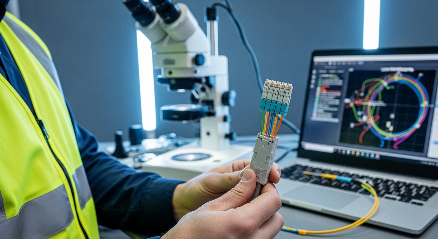 Macro photography style. A technician in high-visibility vest holds a multi-core fiber patch cord with an MPO/MTP connector b