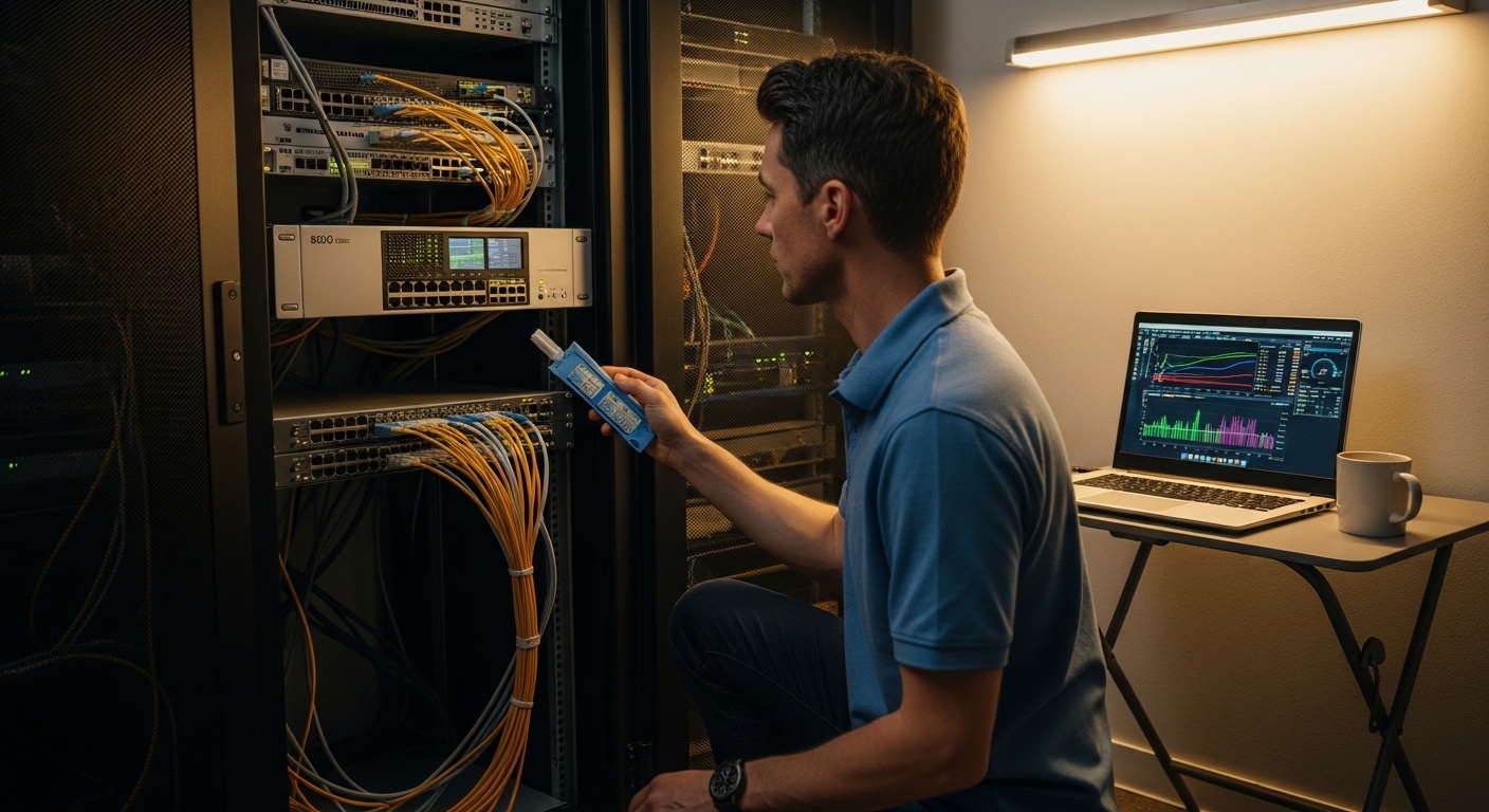 Lifestyle scene in a small business office server closet, showing a rack with a high-density 800G switch, a laptop displaying