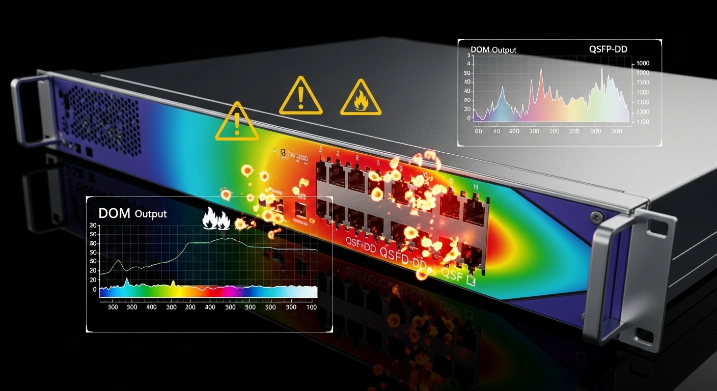 Conceptual infrared thermal map illustration of a switch chassis with hotspots near QSFP-DD ports, overlaid with warning icon