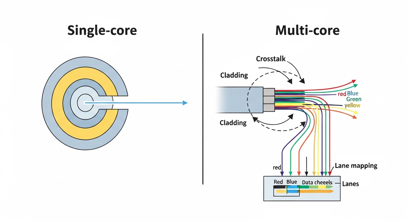 Clean infographic illustration. A split-screen diagram shows two cable cross-sections: left labeled single-core with one ligh