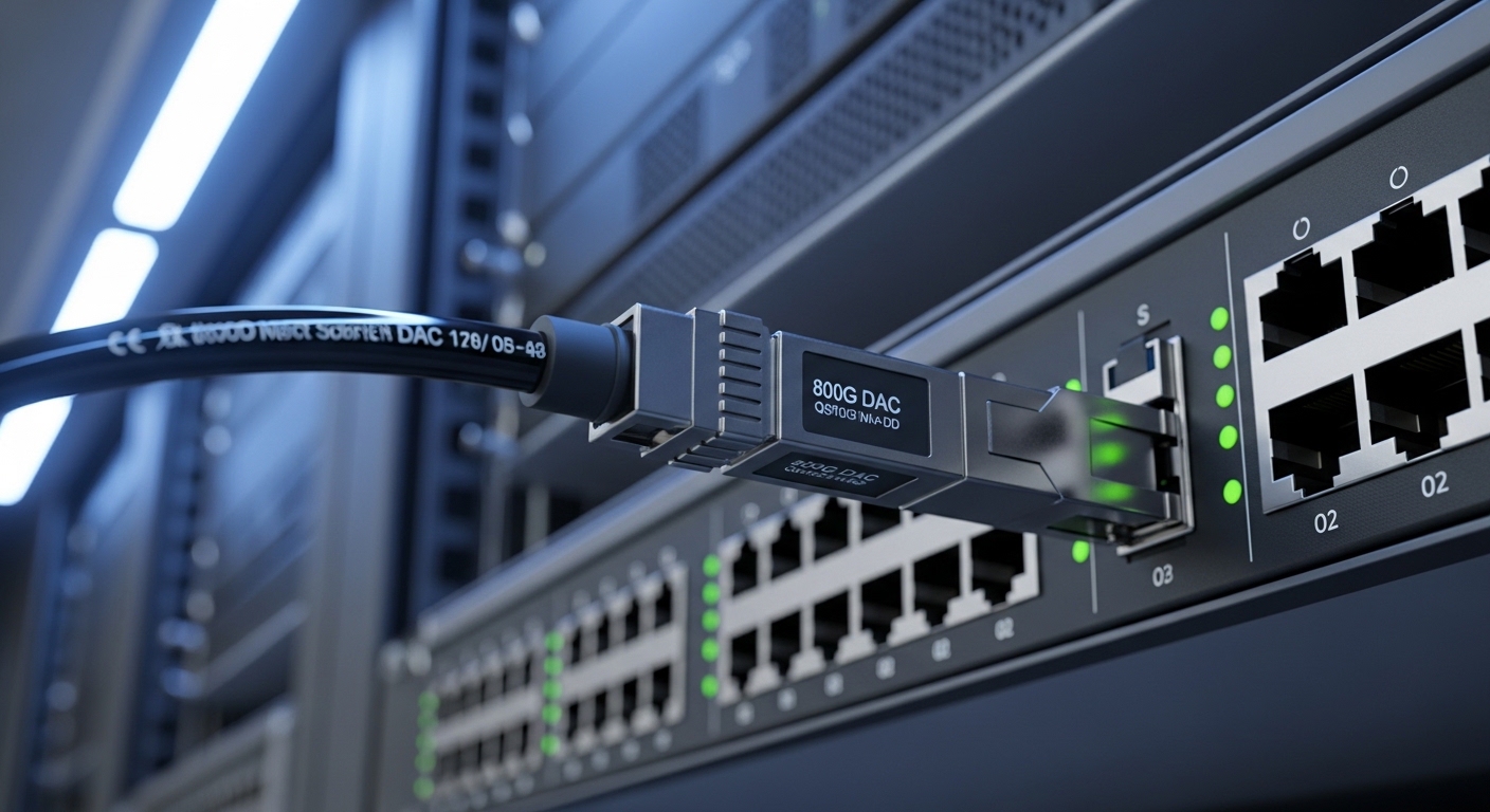 Photorealistic product photo of an 800G DAC cable assembly plugged into a high-density enterprise switch front panel, close-u