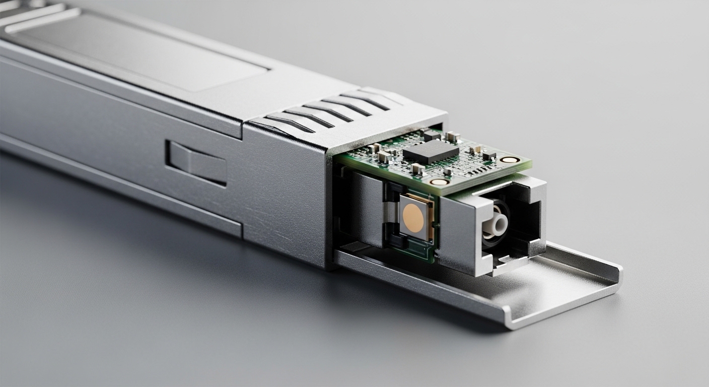 Macro photography of a fiber optic transceiver cage with an open SFP-10G-SR module showing the laser driver and fiber connect
