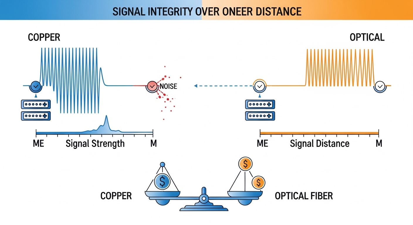 Clean vector illustration comparing signal integrity over distance: copper waveform degrading quickly vs optical waveform sta