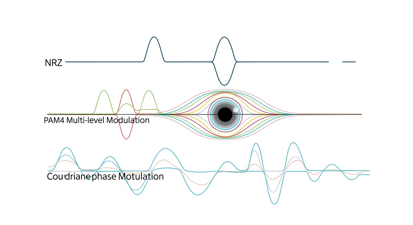 Clean vector illustration comparing three modulation waveforms (NRZ-like intensity, PAM4 multi-level, coherent phase) overlai