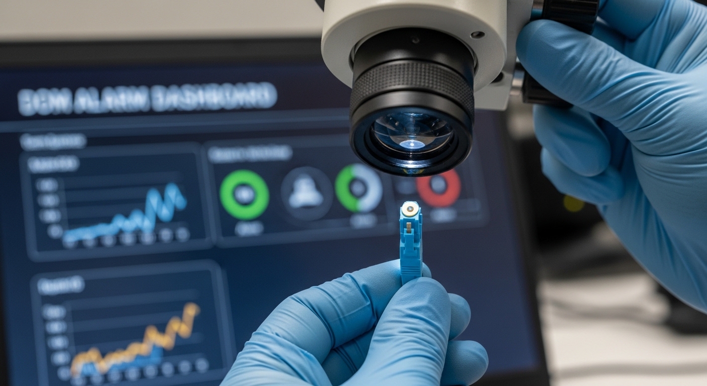 Close-up professional photo of an LC fiber connector end-face inspection under a handheld microscope, with a technician’s glo