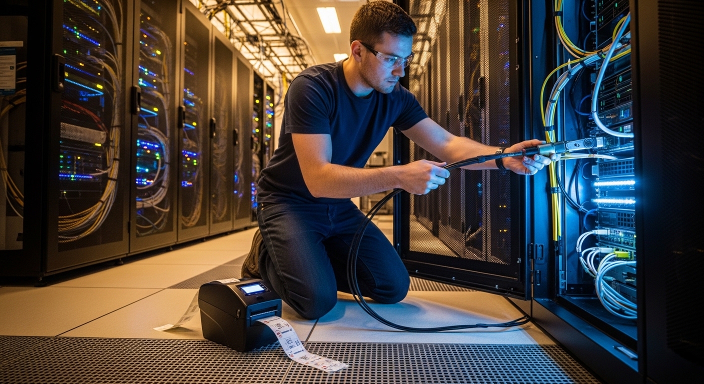 Documentary lifestyle scene in a server room: an engineer kneeling beside an open rack using a torque wrench and label printe