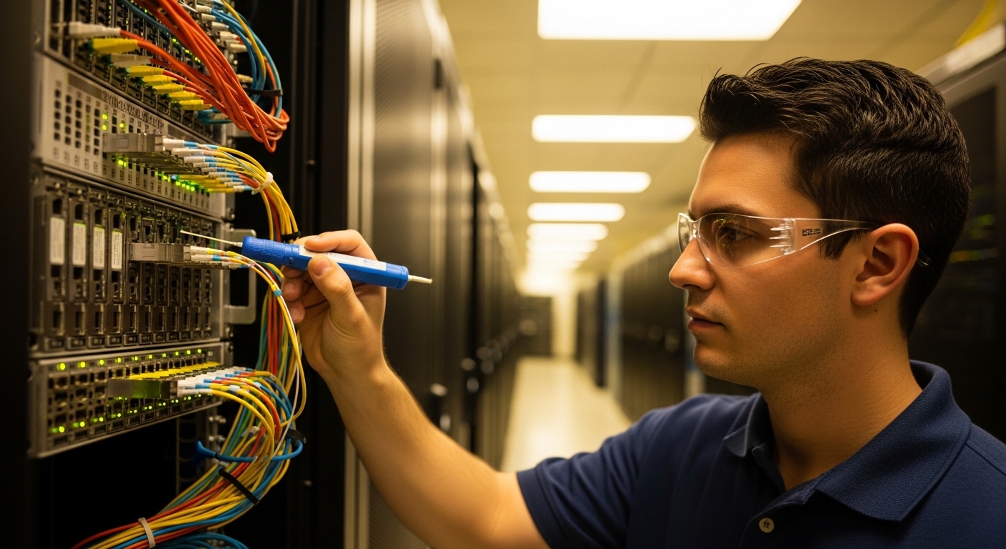 Photo-realistic server room scene with an engineer holding a fiber cleaning kit next to a rack of QSFP transceivers, warm ove