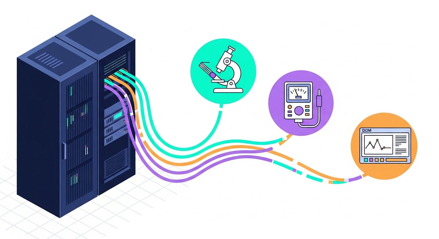 Conceptual illustration in clean flat vector style showing a data center rack, fiber path lines with color-coded margins, and