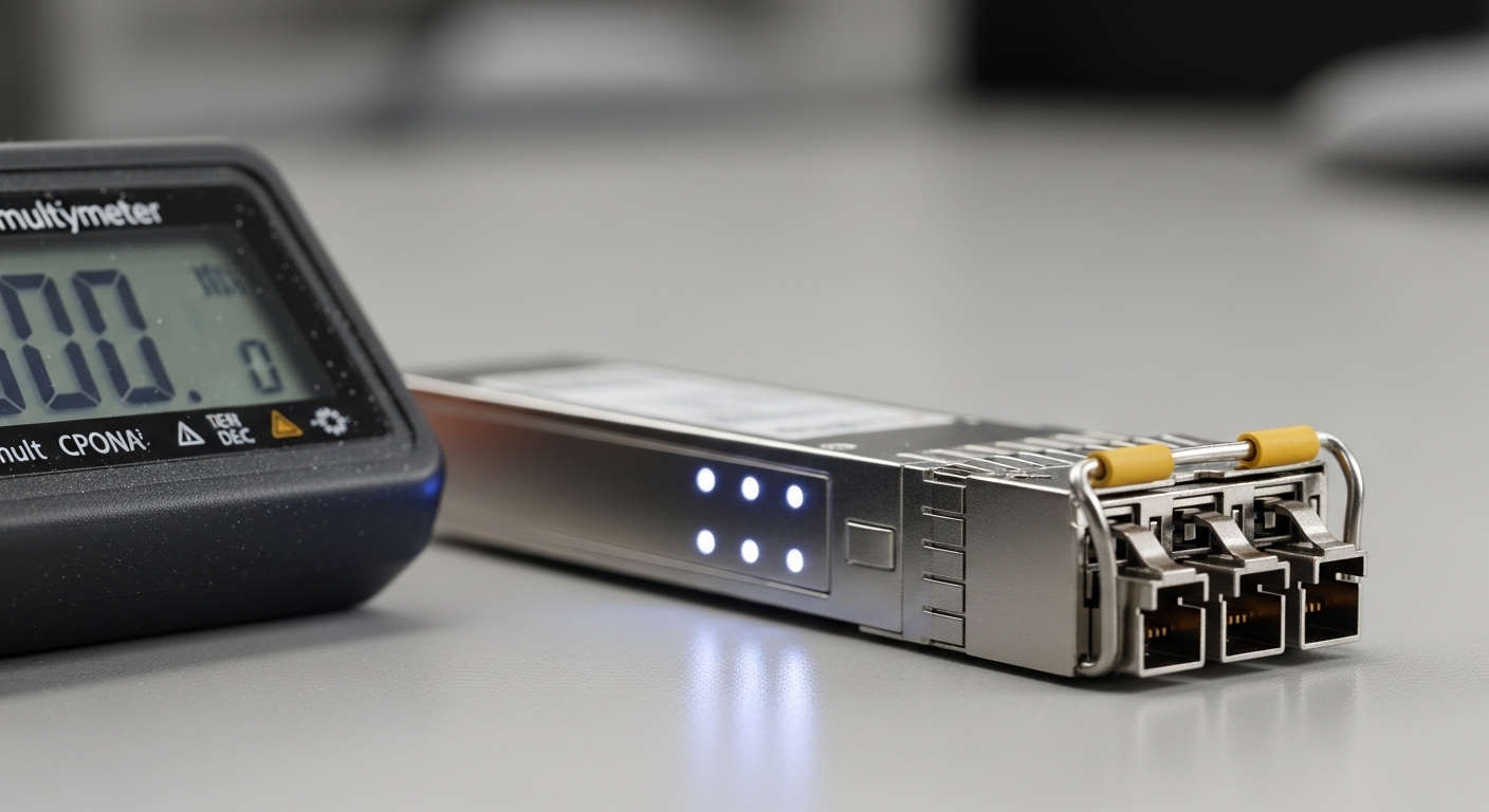 A macro photography style scene of a QSFP28 transceiver module on a bench, angled three-quarter view, with visible fiber conn