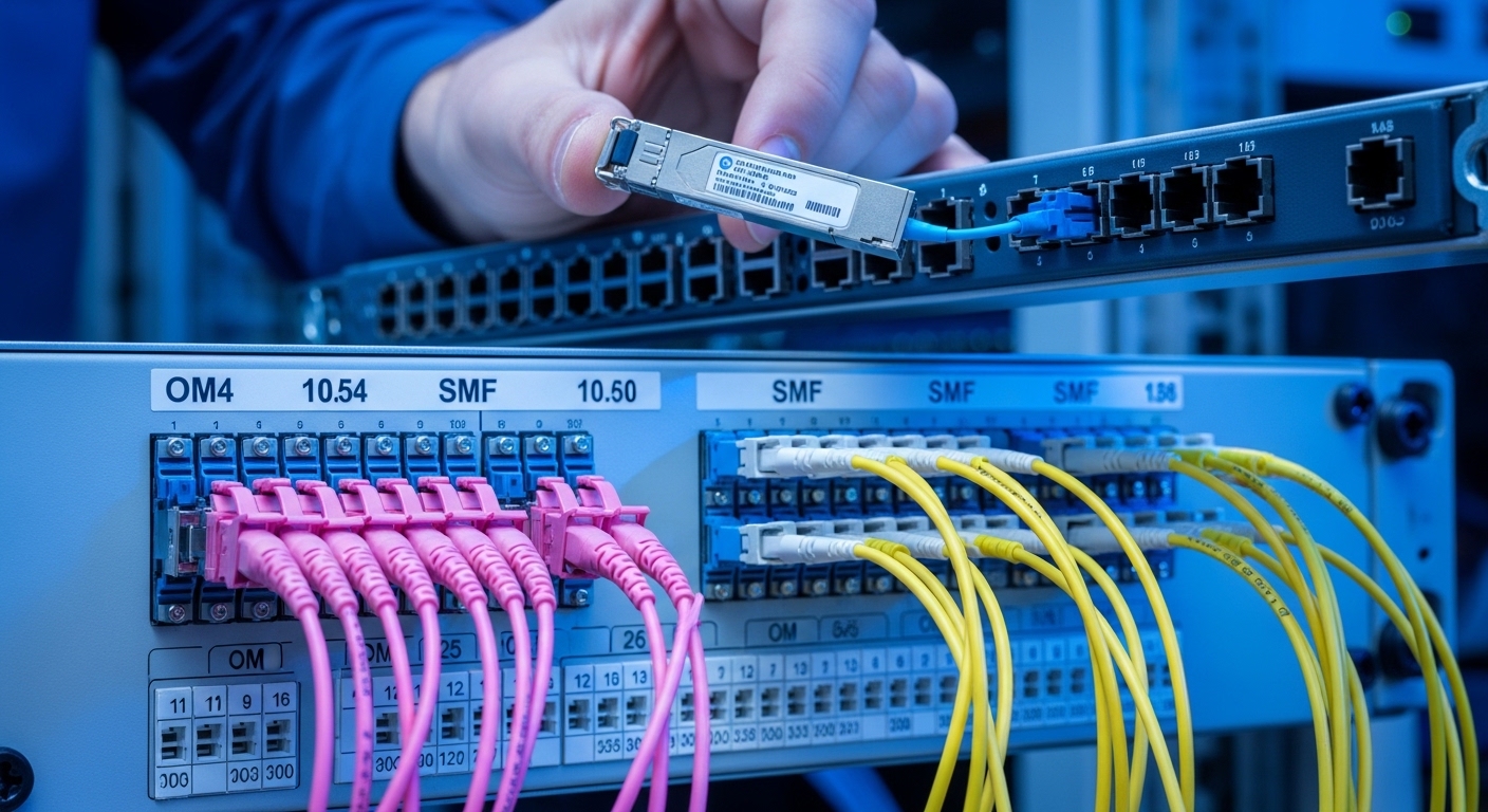 Photorealistic scene of a telecom equipment room, close-up of a fiber patch panel with labeled OM4 and SMF cables, a technici