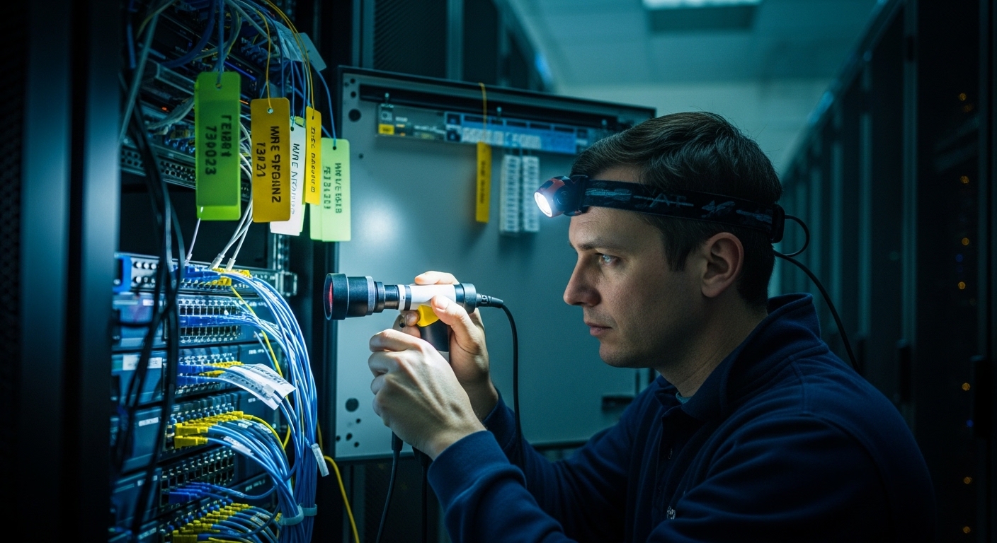 Realistic lifestyle scene inside a server room at night, showing a field engineer using a fiber inspection scope next to an o
