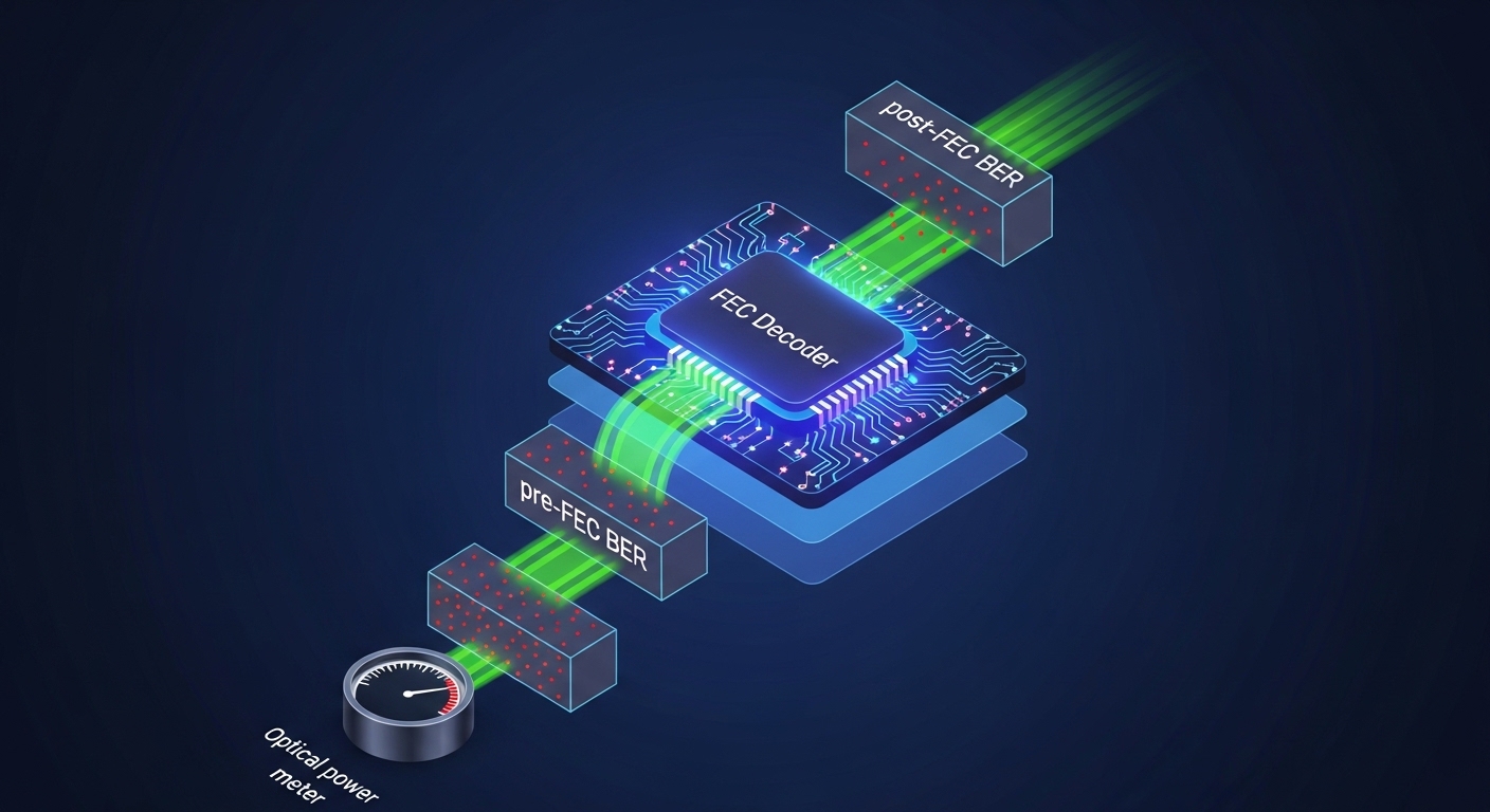 An isometric illustration style diagram of a fiber link “stack” showing optical power, pre-FEC BER, FEC decoder block, and po