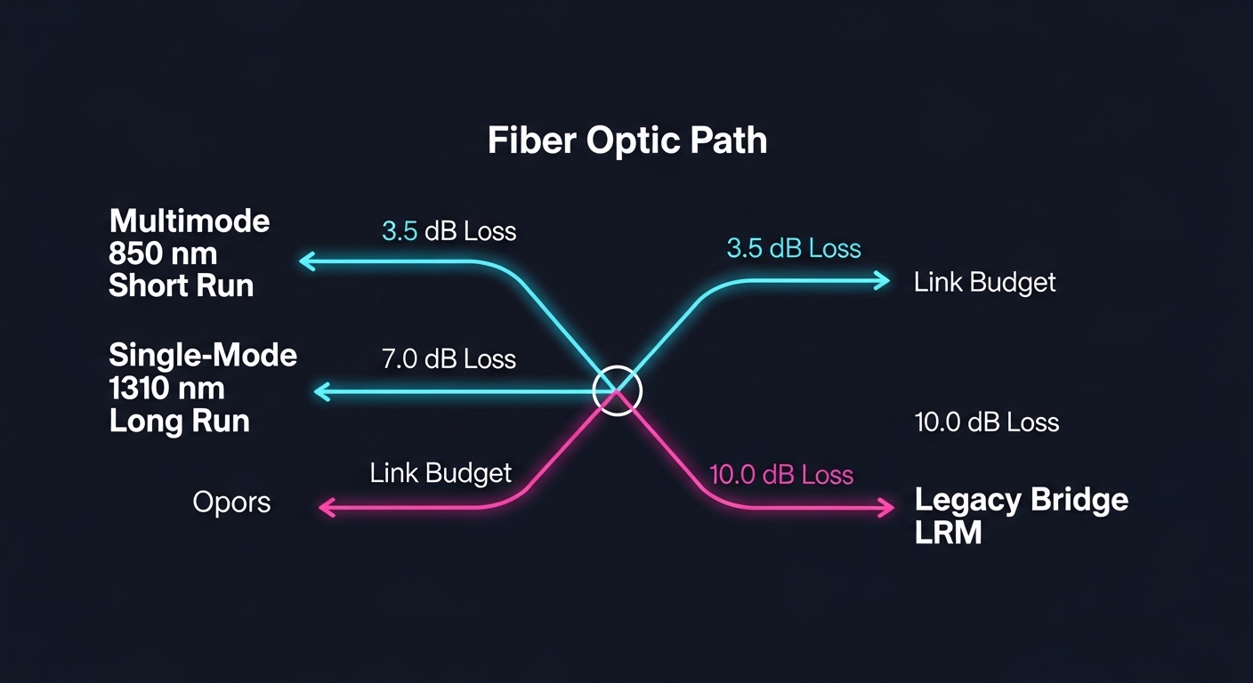 Clean illustration infographic comparing three fiber paths (multimode 850 nm short run, single-mode 1310 nm long run, legacy 