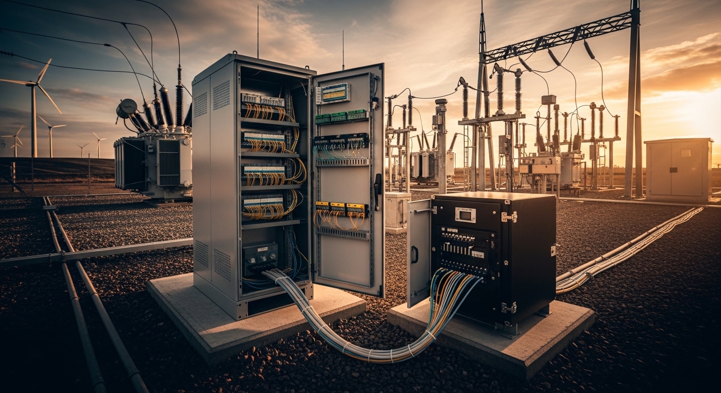 A wide-angle documentary photo of a wind farm substation yard at golden hour, showing a fiber splice enclosure and a rugged o
