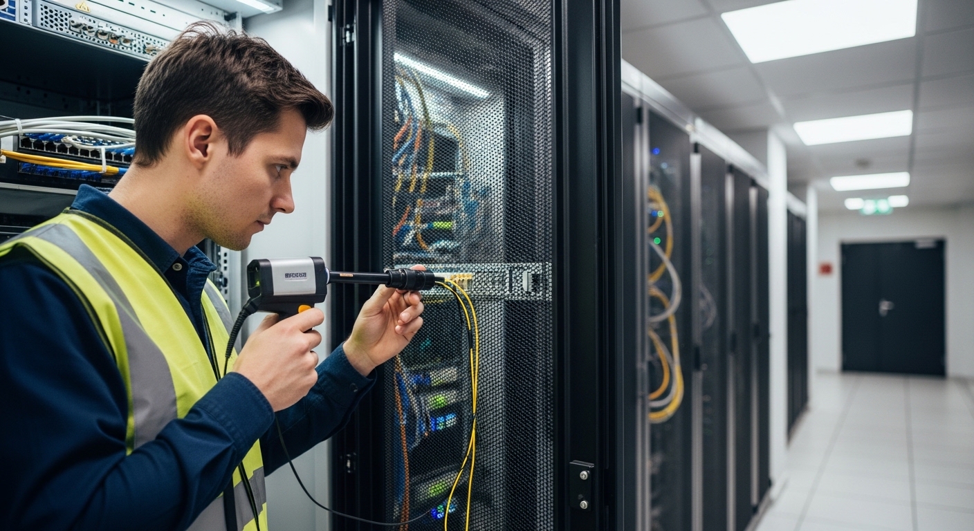 Lifestyle documentary photography style scene in a server room corridor, showing a technician in safety vest holding a fiber 