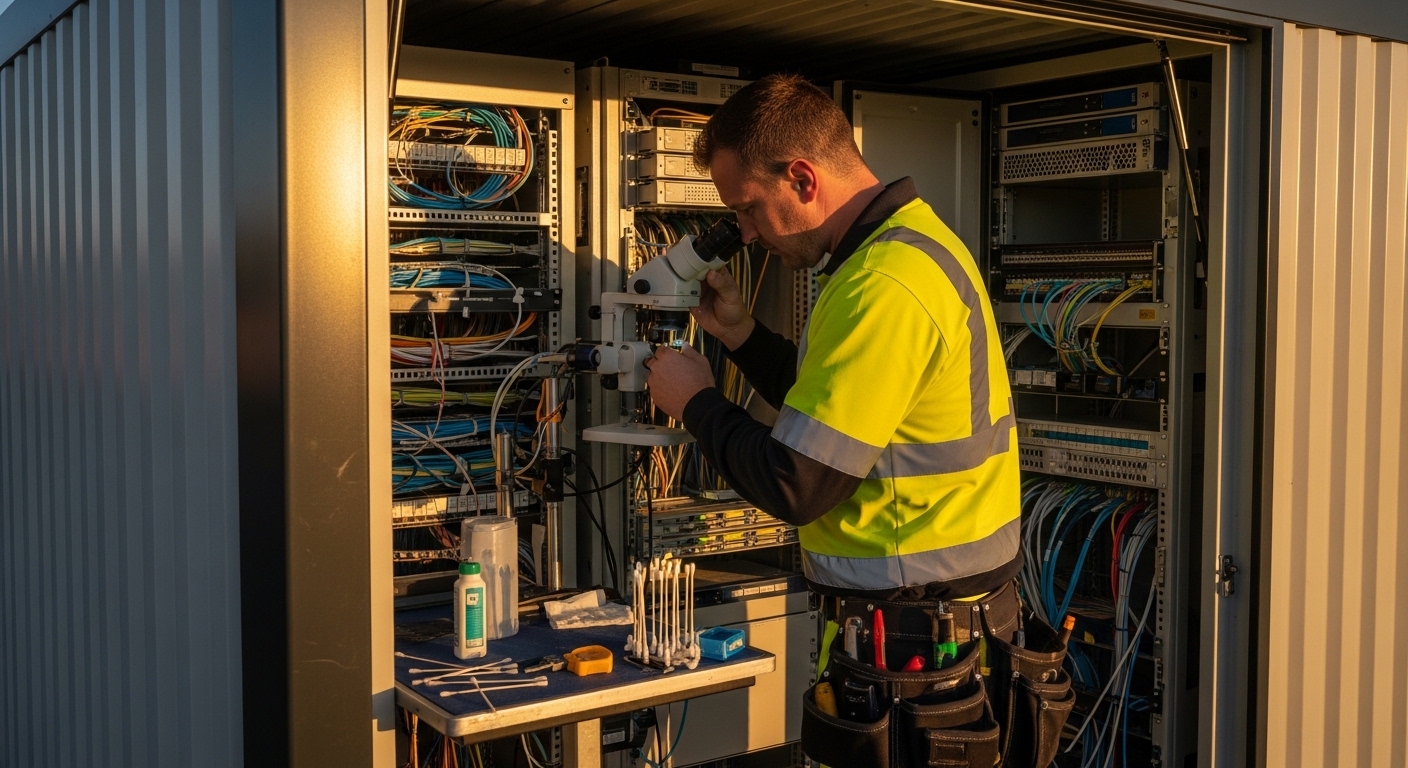 Lifestyle scene of a field technician in a high-visibility vest working at a telecom hut outdoors, using a handheld fiber mic