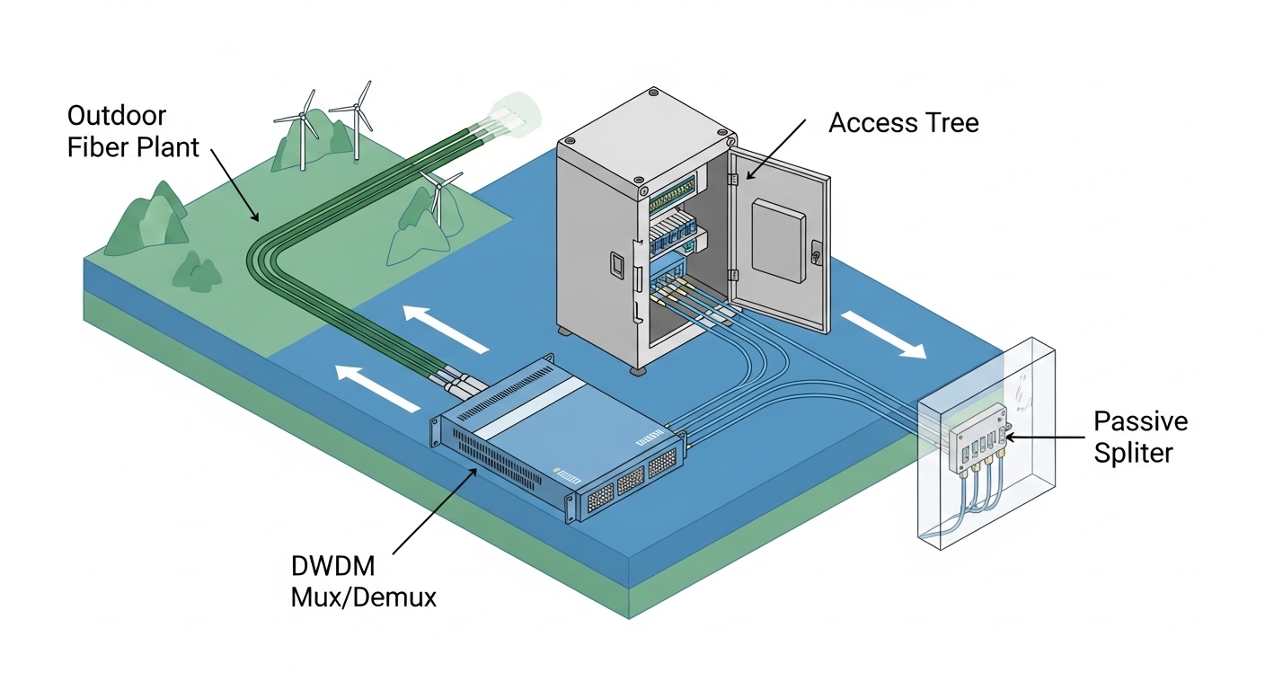 Technical illustration showing a layered network diagram for a renewable energy site: outdoor fiber plant feeding a DWDM mux/
